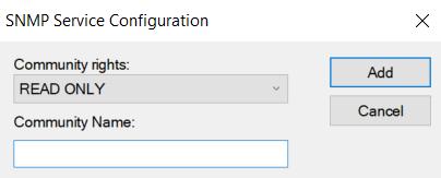 11. In the SNMP Service Configuration dialog box, complete the following fields: 2 Community rights. Select READ ONLY. Community Name. Type the SNMP Community String. 12.