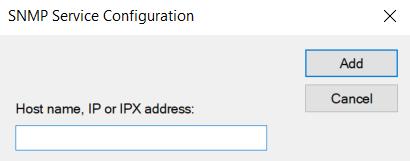 In the SNMP Service Properties dialog box, in the [Security] tab, select the Accept SNMP packets from these hosts checkbox and then click [Add]. 14.