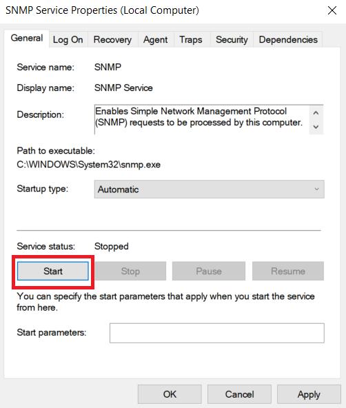 17. If the service is not running, click the [Start] button in the Service status pane. 18. Click [OK].