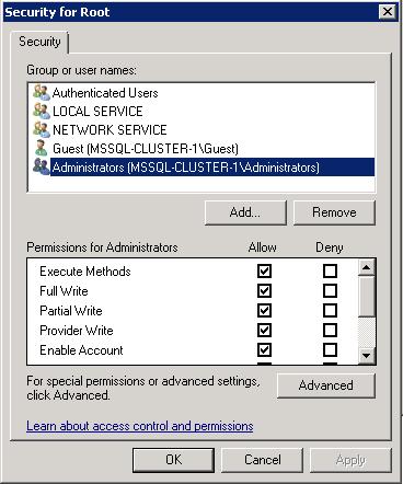 5. In the Security for Root window, select the [Advanced] button.