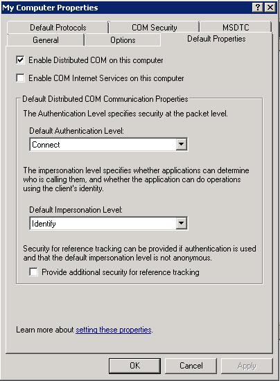 14. In the My Computer Properties window, select the [Default Properties] tab: Ensure that the Enable Distributed COM on this computer checkbox is selected.