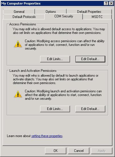 15. Select the [COM Security] tab: 3 16. Select the [Edit Limits...] button in the Access Permissions pane. 17. In the window that appears, click the [Add...] button. The Select Users, Computers, Service Accounts, or Groups window is displayed.