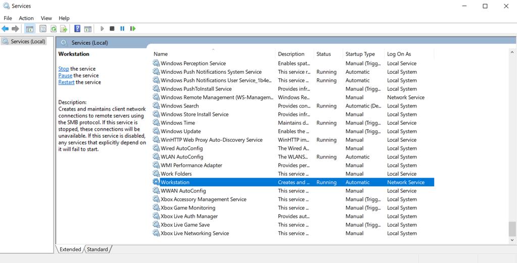 3. From the list of services in the right pane, perform the remaining steps for each of the services you want to check. This example uses Workstation.