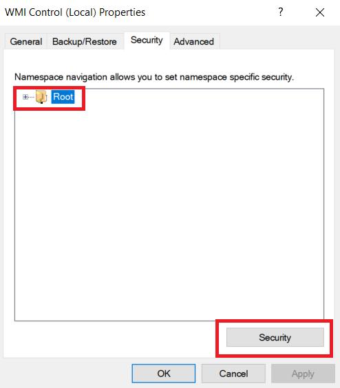 4. In the WMI Control (Local) Properties window, click the [Security] tab, click Root, and