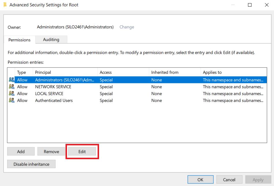 6. In the Advanced Security Settings for Root window, click Administrators, and then