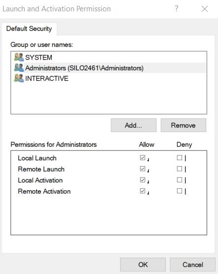 6. In the Launch and Activation Permission window, select the following: 3 7. Click [OK ]. Group or user names. Select Administrators.