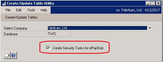 selected when processing in the Utility window it will create default Security Tasks for each window of epaystub.