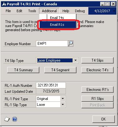 now select Email R1 s from the Additional menu in the Payroll T4/R1 Print window.