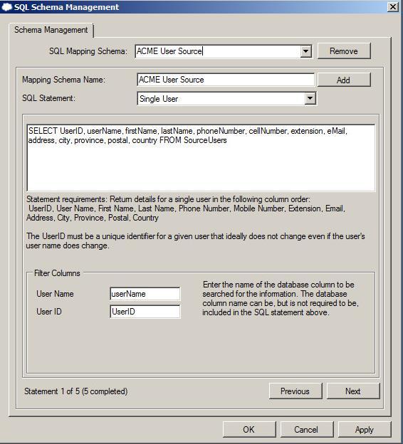 a. Under SQL Schema Configuration, click Configure. The SQL Schema Management window is displayed, showing the first of five statements in the sample user source schema. b.
