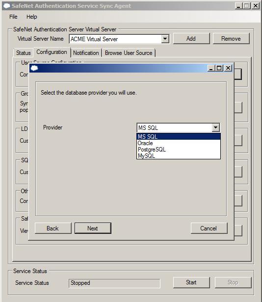 On the User Source Type window, select SQL, and then click Next.