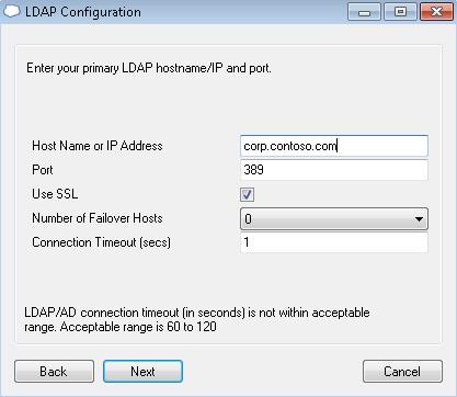address of the LDAP directory server. Enter the port number of the LDAP directory server. Usually, TCP port 389 is used. If required, the Active Directory Global Catalog (TCP port 3268) may be used.