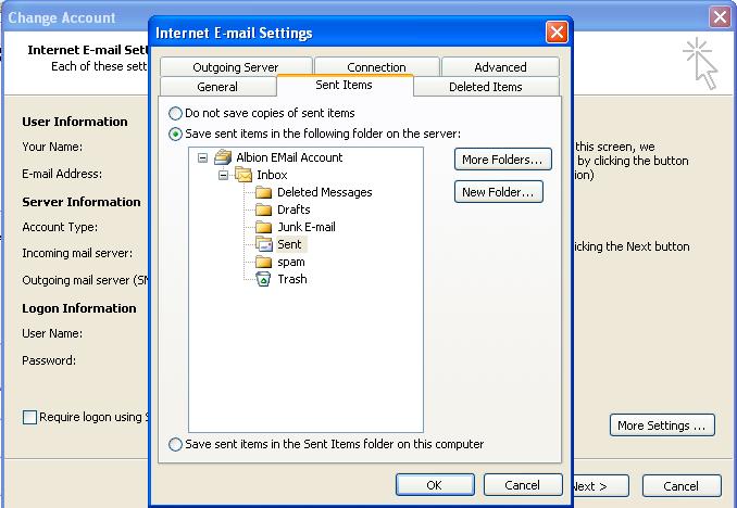 Changing where e-mail is stored Once you reopen Outlook, Select from the File Menu -> Info -> Account Settings and select your Albion Account Again, click 'Change...' This Time click on "More Settings.