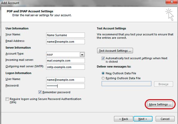 Account settings 4. Enter all the relevant details and then select the More Settings button.