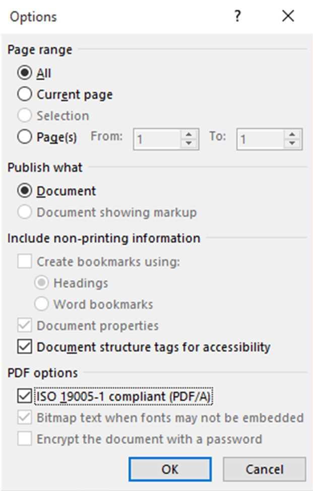 5 Select "ISO 19005-1 compliant (PDF/A)(1)" and click the [OK] button.