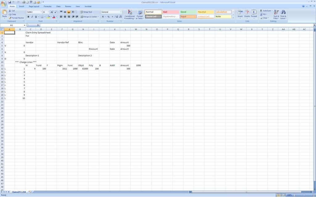 C2.4. Modifying and Saving the PCGenesis Claim.csv File in Microsoft Excel The.csv file resembles a Microsoft Excel worksheet as in the screenshot example below. The.csv file is not easily editable and contains formulas and data sometimes difficult to view.