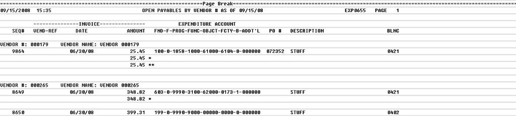 2A.1. Open Payables Report (by Vendor) Example The final page of the report lists the Grand total of all