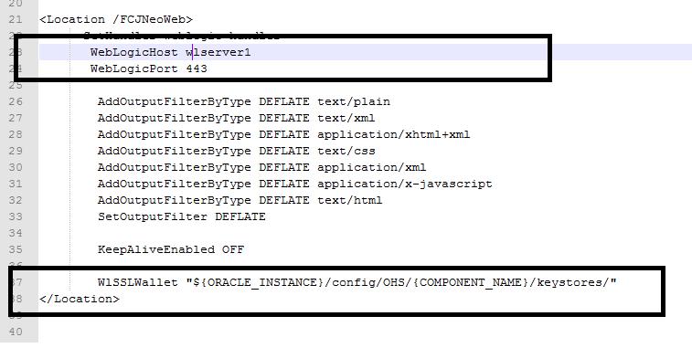conf to point to the wallet location WlSSLWallet "${ORACLE_INSTANCE}/config/OHS/{COMPONENT_NAME}/keystores/default" 5.