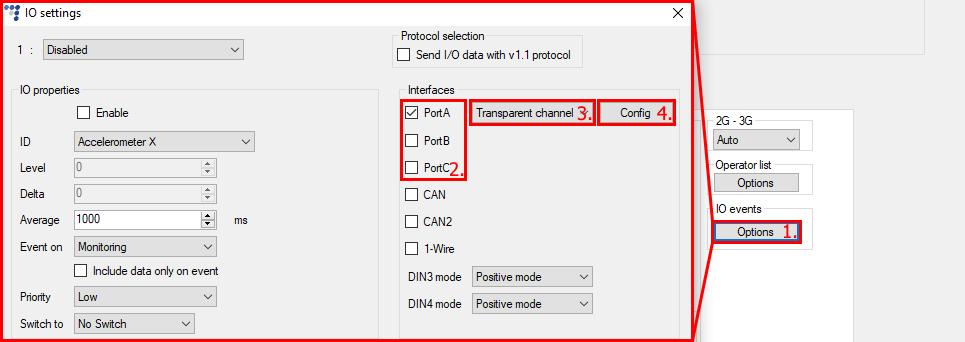 To enable the transparent channel: 1. In the IO events section click on the Options button. 2. In the Interfaces section enable the required port(s). 3.