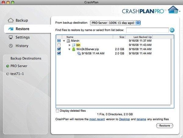 This is the restore section of the CrashPlan PRO Client.