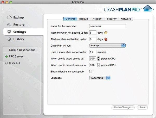 This is the general settings view of the CrashPlan PRO Client.