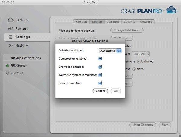 This is the advanced backup settings view of the CrashPlan PRO Client.