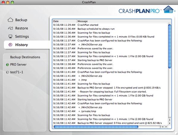 This is the history view of the CrashPlan PRO Client. This section provides a log of all CrashPlan PRO activity on the system.