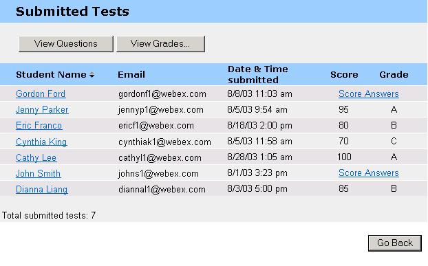 To score the answers for a test: 1 From the Session Information page, in the Test section, select the test title and click View. The Manage Test page appears.