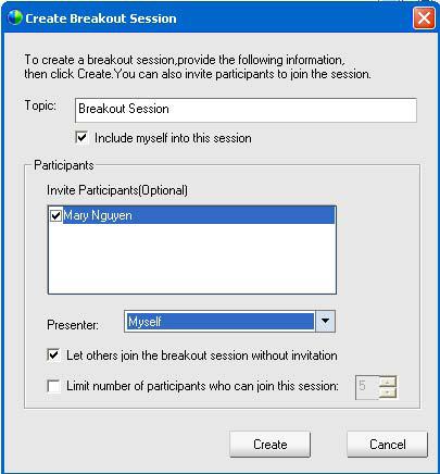 In the Session window, on the Session menu, choose Session Options. On the Communications tab in the Training Session Options dialog box, select Breakout sessions. Then click OK.