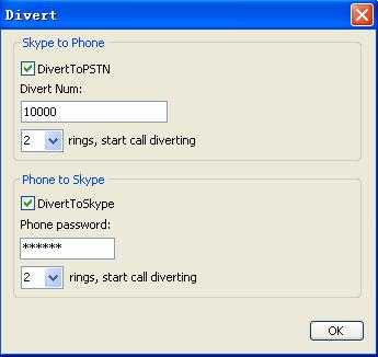 You also can choose this function by Call forward key, the LCD display as follow: Phone call forwarding to Skype Set password (Optional) in the Phone password box. e.