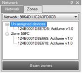 Select the Zones tab, select a Network and press Scan zones. After having scanned the network, the Zones tab shows the found devices and zones within the specified network.