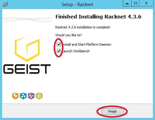g. Finished Installing Racknet (Version #) 1. Ensure that both check boxes are selected. 2. Select Finished.