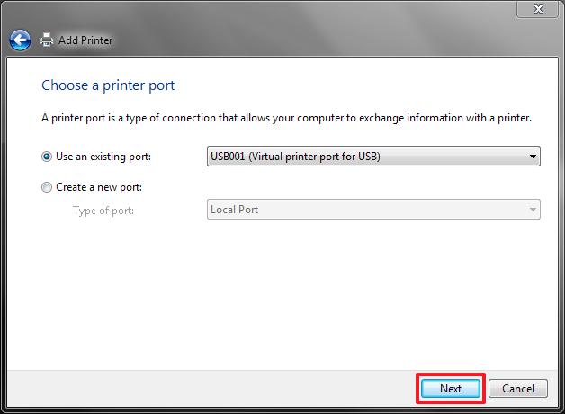 9. You will now be prompted to choose a printer port or to create a new port. Select Use an existing port: and choose the desired port of your choice.