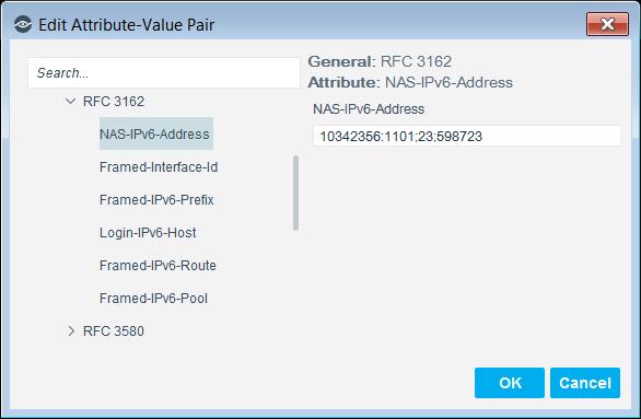 If you select an AVP in the Authorization section, and select Edit, the Edit Attribute- Value Pair dialog box opens. On left side, the Attributes option is open to the attribute you selected.