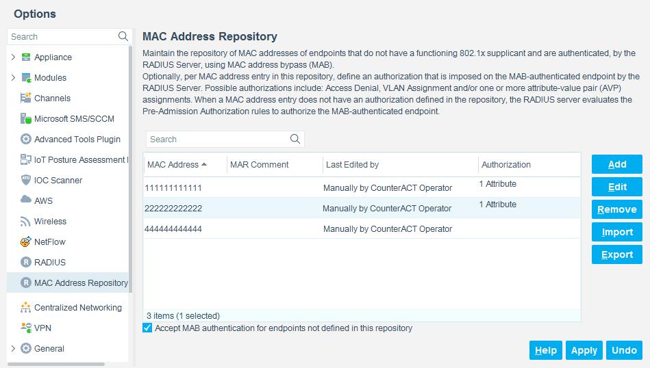 Optionally, per MAC address entry in this repository, define an authorization that is imposed on the MAB-authenticated endpoint by the CounterACT RADIUS server in its reply to the NAS device.
