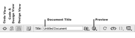 The Document Tool Bar The Document tool bar contains buttons and pop-up menus that provide users choices on viewing options (code or design views), a title field where users can title their pages and