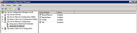 - In the list at the left, choose SQL Server Network Configuration > Protocols for Amicus. In the list at the right, ensure that Named Pipes and TCP/IP are both Enabled.