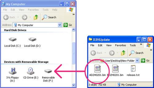 bin" (A firmware) or "BD2H0201. bin" (B firmware) from the "D2HUpdate" folder to this removable disk. Illustration shows A firmware Drive letters may differ 3-2.