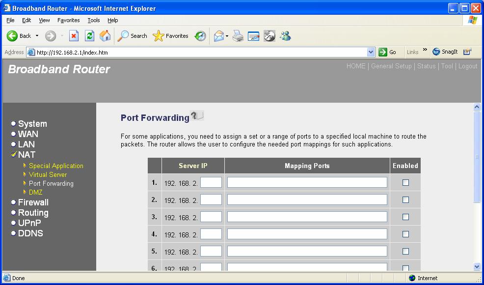 2.4.3 Port Forwarding The Port Forwarding allows you to re-direct a particular range of service port numbers (from the Internet/WAN Ports) to a particular LAN IP address.