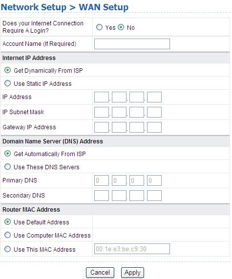 Five WAN connection types are provided, which are PPPoE, Dynamic IP (DHCP), Static IP