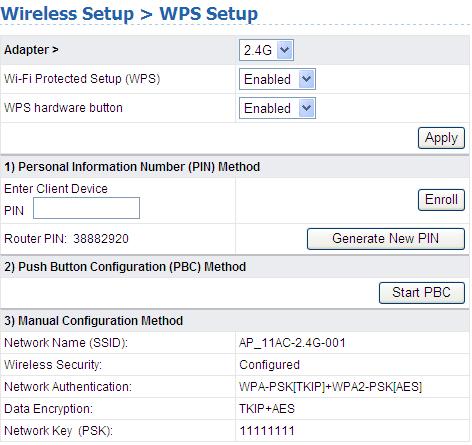First enable WPS for the 2.4G or 5G wireless network. Choose Enable at the dropdown list of Wi-Fi Protected Setup (WPS), and then click Apply.