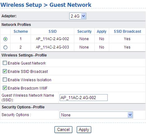 The following table describes the parameters in this page. Field Description Enable Guest You may choose to enable or disable guest network. Network Guest Service Set Identifier of the guest network.