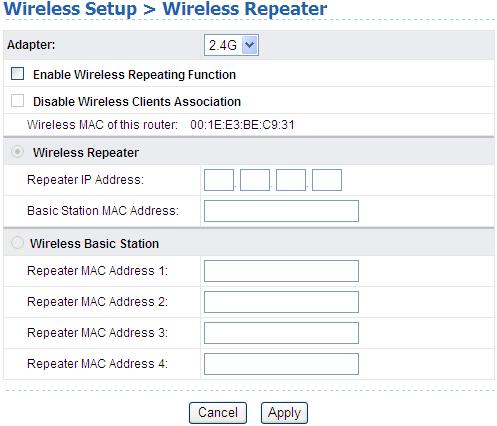 The following table describes the parameters in this page. Field Description Adapter Choose a wireless frequency band from the dropdown list.