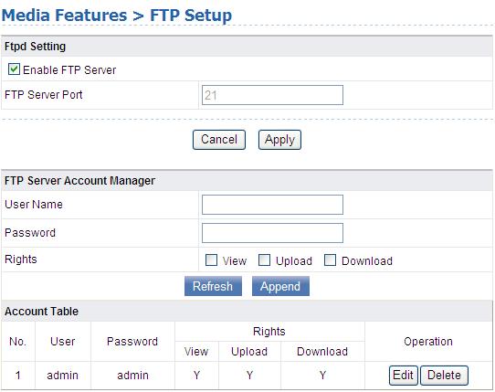 The following table describes the parameters in this page. Field Description Enable FTP Tick in the box to enable FTP service. Server FTP Server Set a FTP service port.
