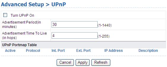 Click Advanced Setup UPnP Setup, and the following page is displayed. The following table describes the parameters in this page.