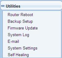 The submenu includes Router Reboot, Backup Setup, Firmware Update, System Log, E-mail, System Settings