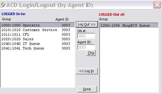Logging In or Out ³ Click the ACD Log button to open the ACD Login/Logout window. N o t e The right list box shows available groups for the identified agent number.