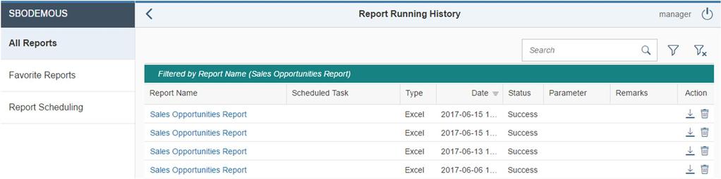 7 Viewing Report Running History All the manual and automatic report running records (if you have set up to keep the records for scheduled tasks) can be found in the Report Running History page.