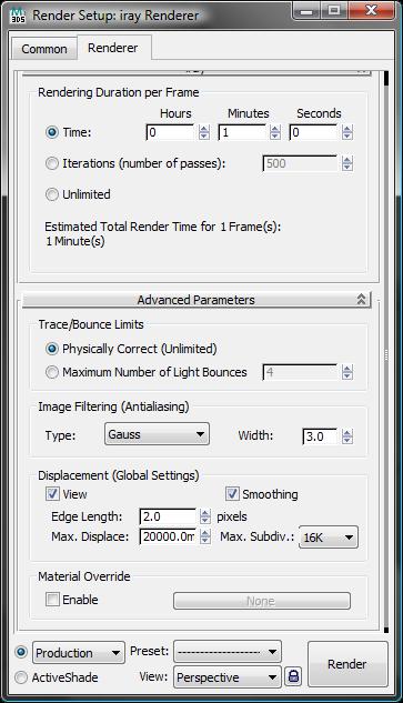 In the render setup dialog, select the Renderer tab. Notice that there are very few options for the iray render. For initial draft renders, set the Time value to 5 minutes or less.