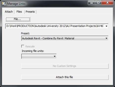 From the 3ds Max Design application button, click on the Import option, and then click on the Link Revit File option.