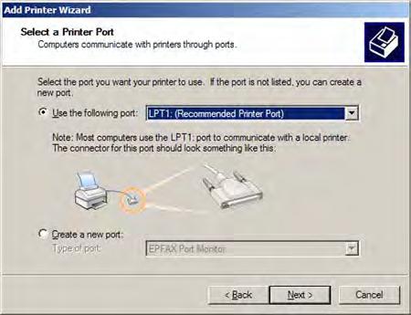 45 5. Select the appropriate printer port. Click Next.